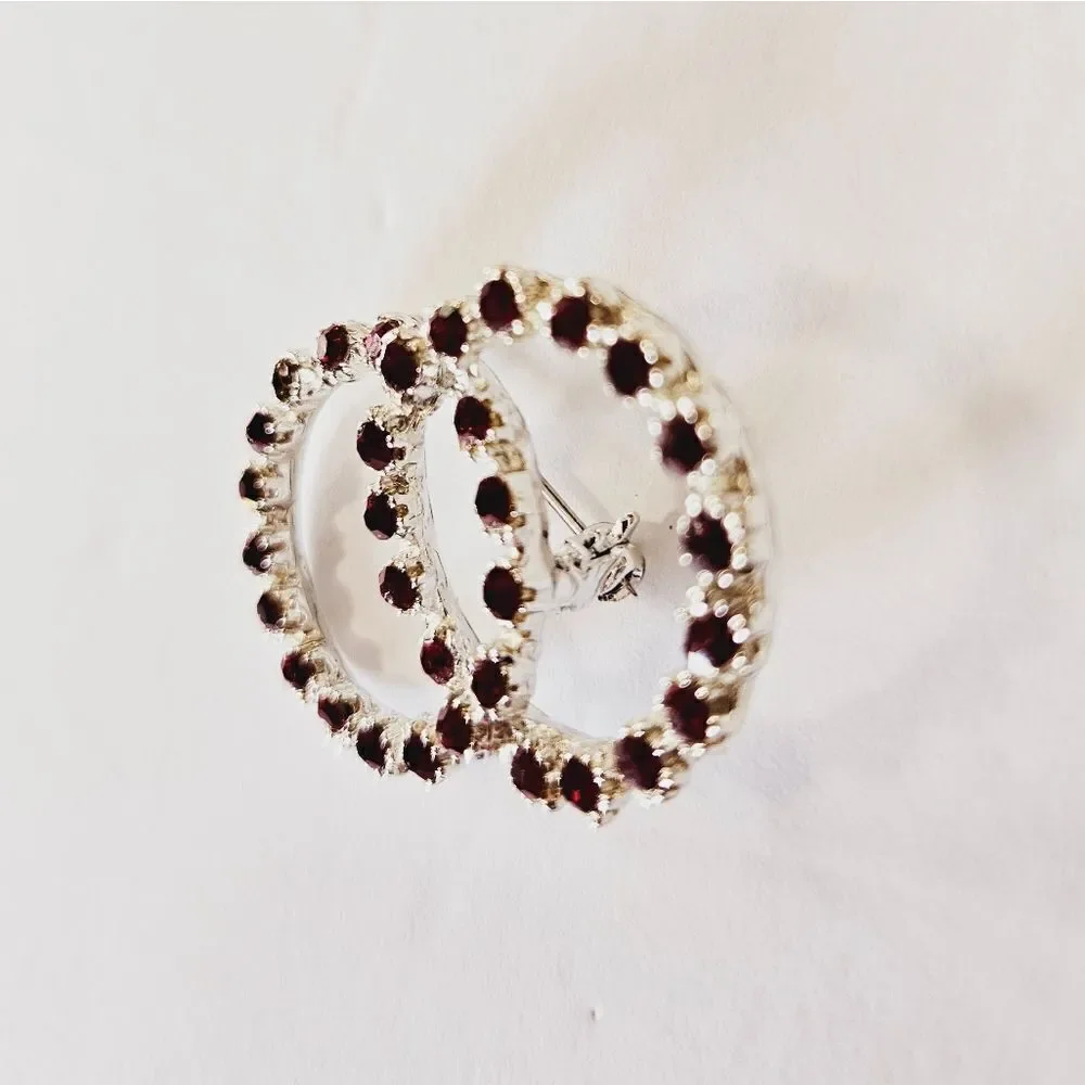 Vintage Red Burgundy Rhinestone Studded Silver Tone Circle Open Work Pin Brooch